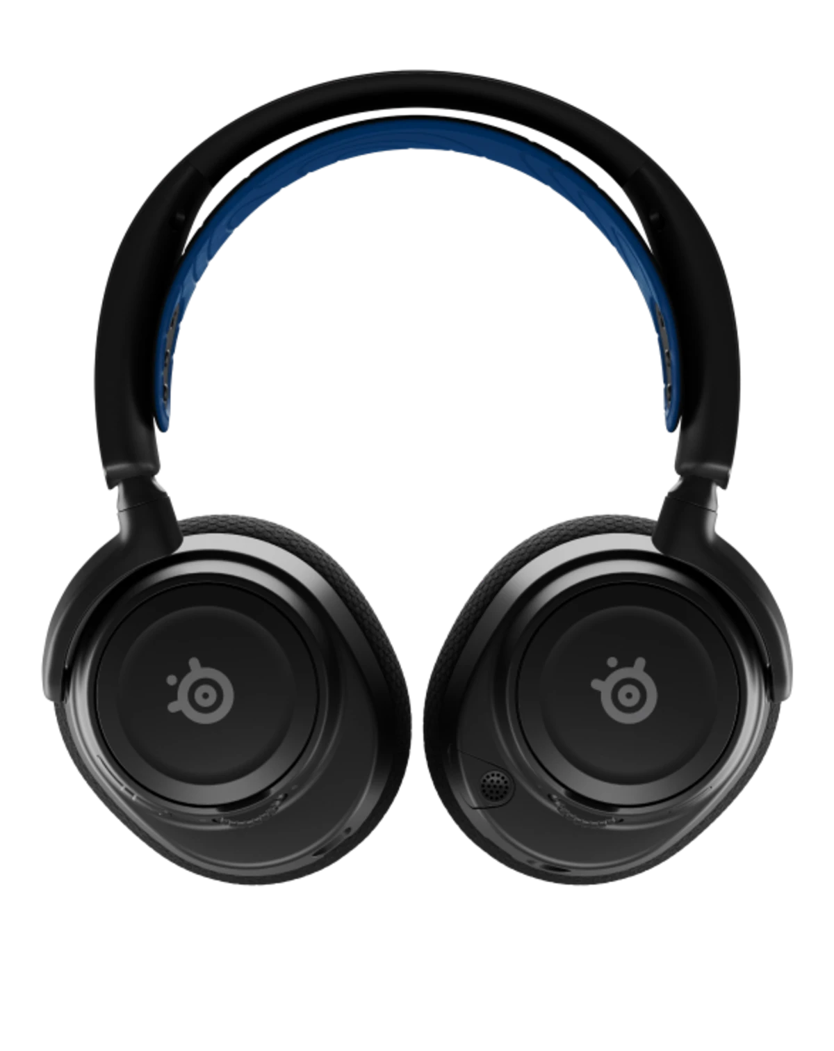 Black over-ear headphones with a blue headband on a white background