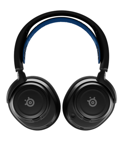 Black over-ear headphones with a blue headband on a white background