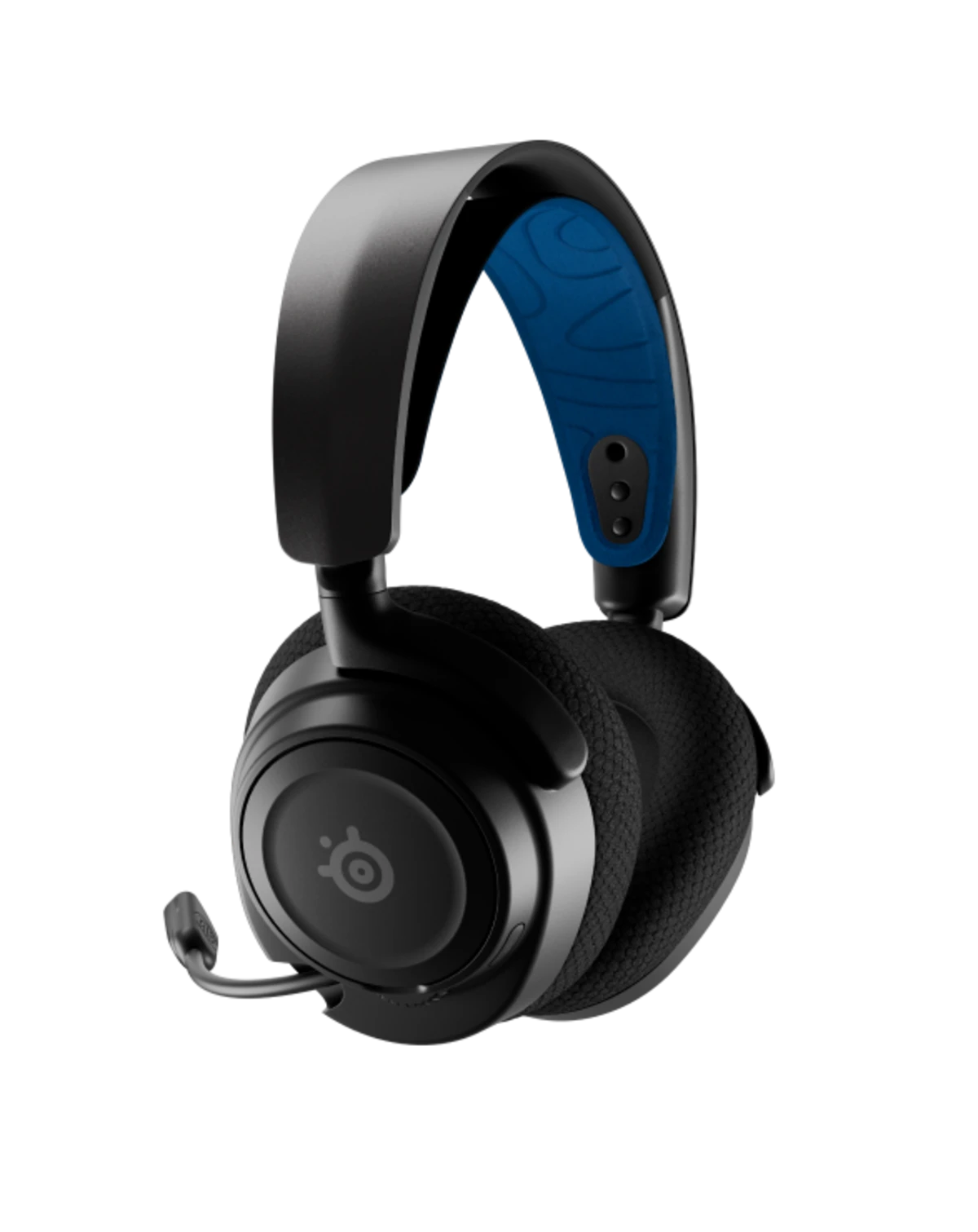 Black gaming headset with blue ear cushion on a white background