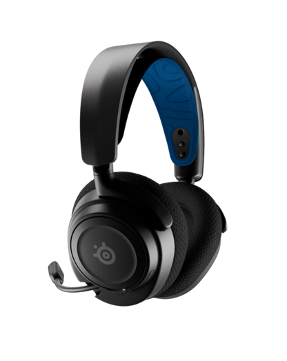 Black gaming headset with blue ear cushion on a white background