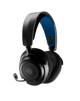 Black gaming headset with blue ear cushion on a white background