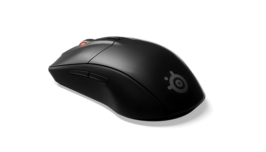 Black gaming mouse with a logo on a white background