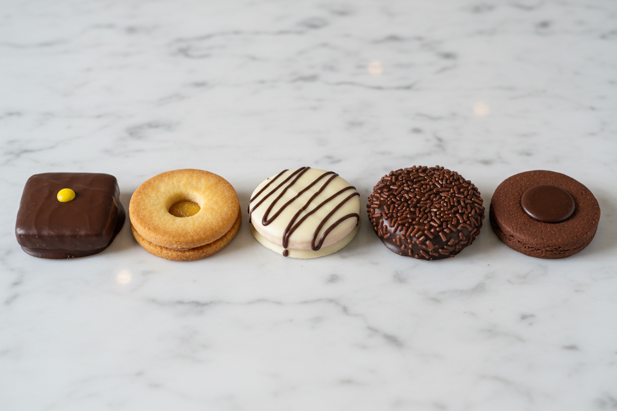Five Artisan Petit Four Biscuits on Marble