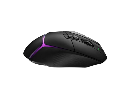 Black gaming mouse with purple accents on a white background