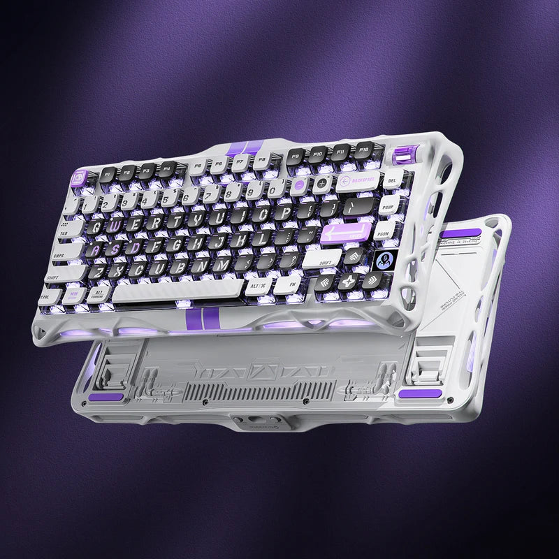 Mechanical keyboard with a purple backlight on a dark purple background