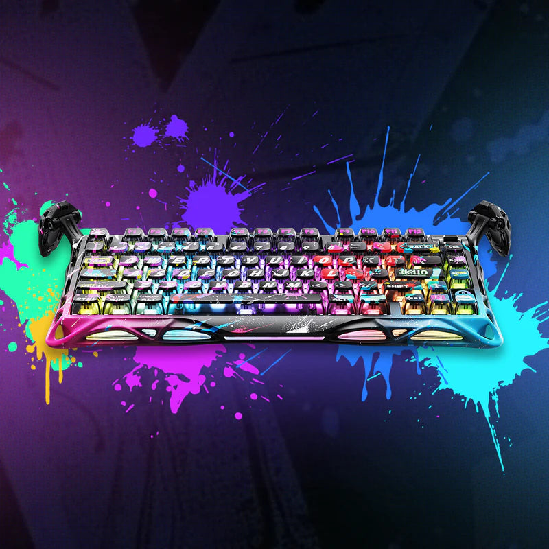 Gaming keyboard with RGB lighting on a colorful splatter background