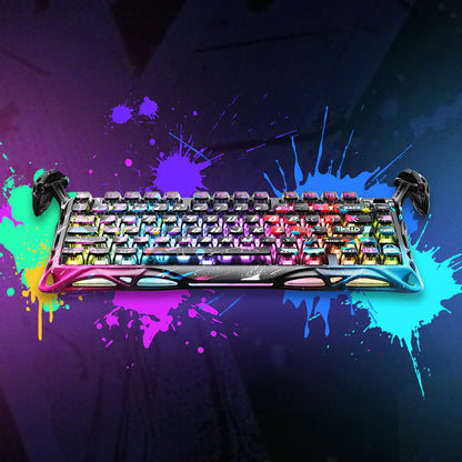 Gaming keyboard with RGB lighting on a colorful splatter background