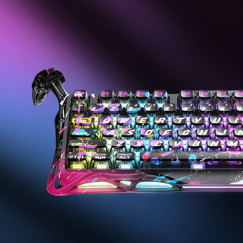 Gaming keyboard with colorful backlighting on a gradient purple and blue background