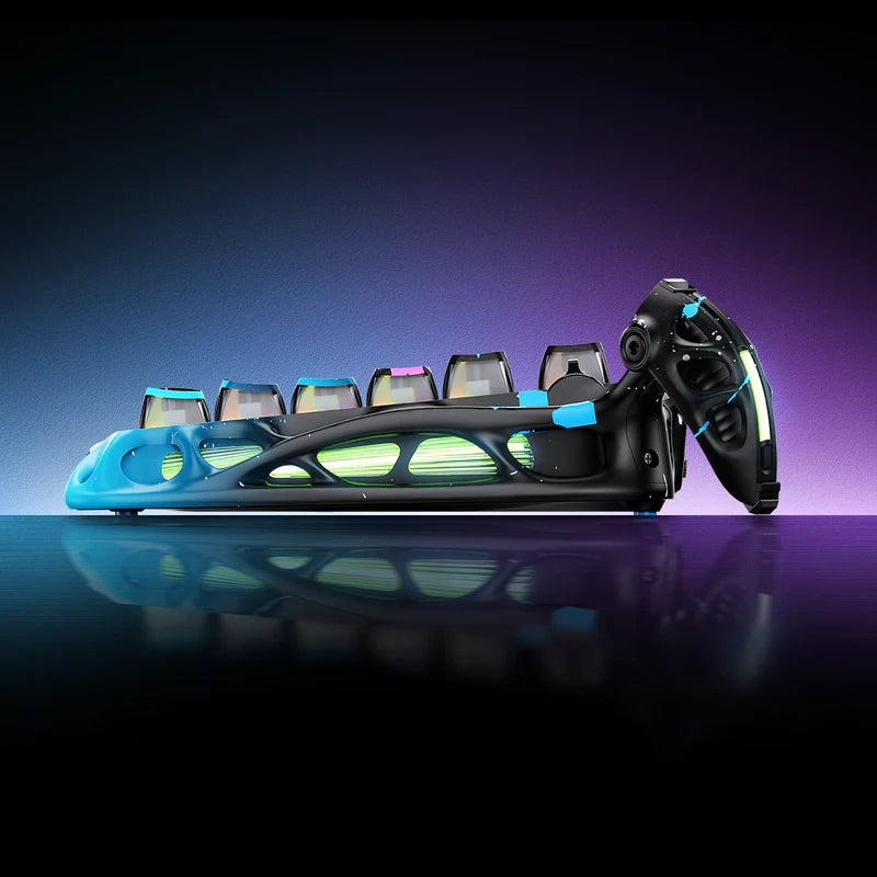Glowing gaming chair with colorful LED lights on a reflective surface