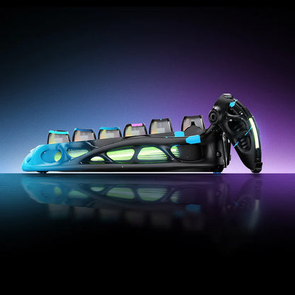 Glowing gaming chair with colorful LED lights on a reflective surface