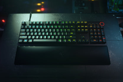 Gaming keyboard with RGB lighting on a dark surface
