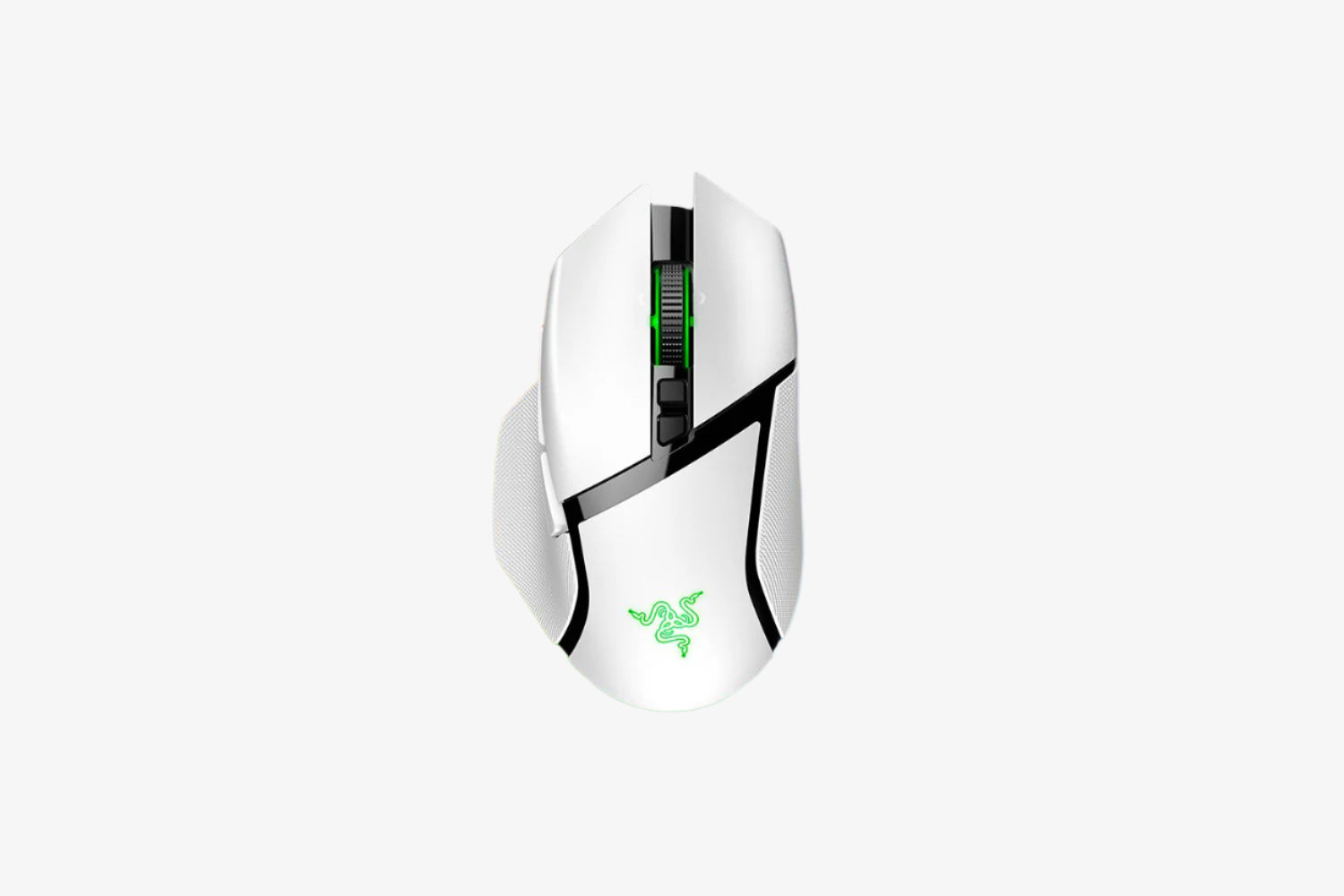 White gaming mouse with RGB lighting on a black background