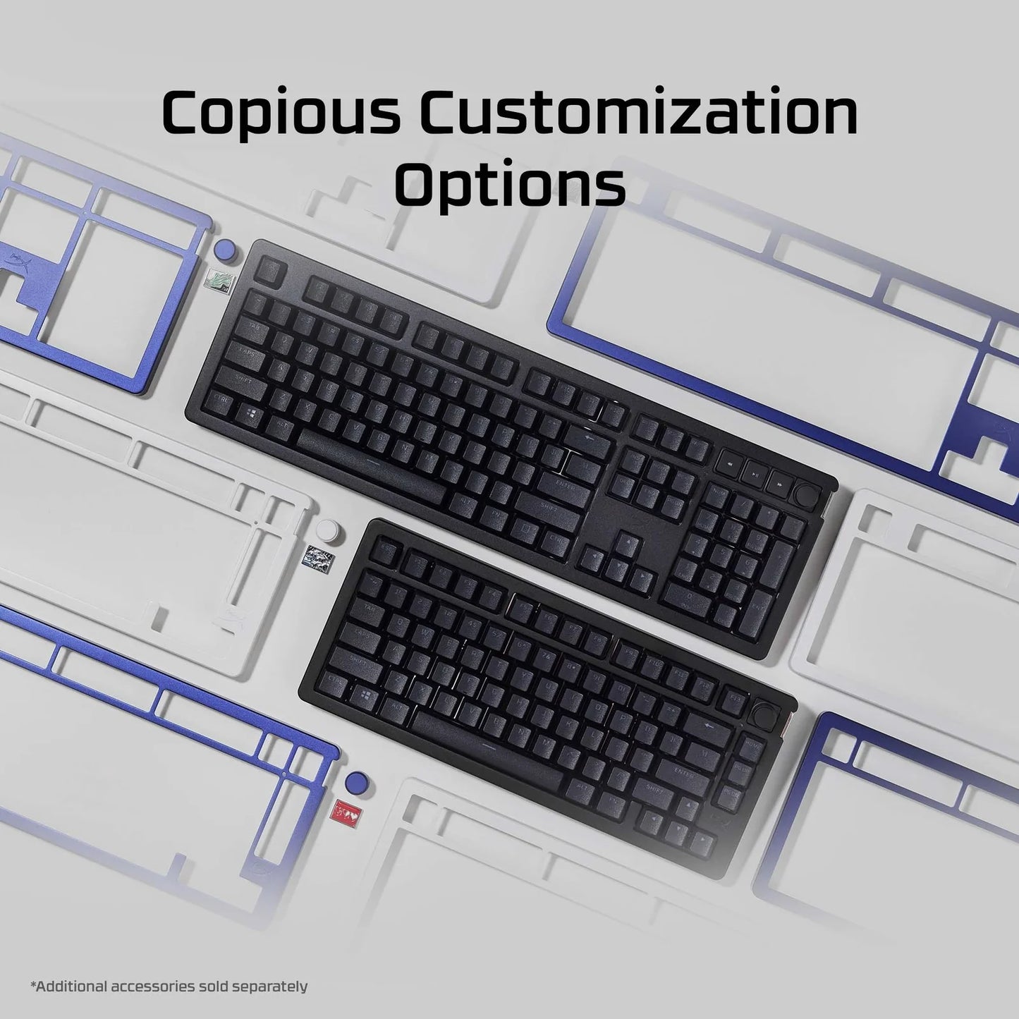 Two black keyboards on technical drawings with 'Copious Customization Options' text.