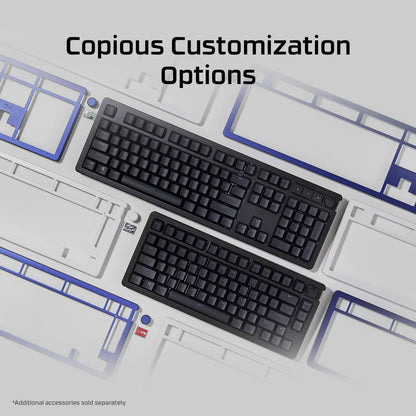 Two black keyboards on technical drawings with 'Copious Customization Options' text.