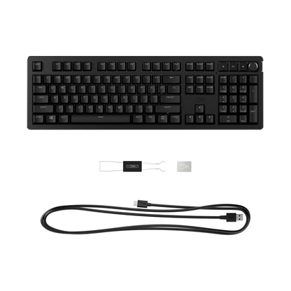 Black keyboard with USB cable and receiver on a white background