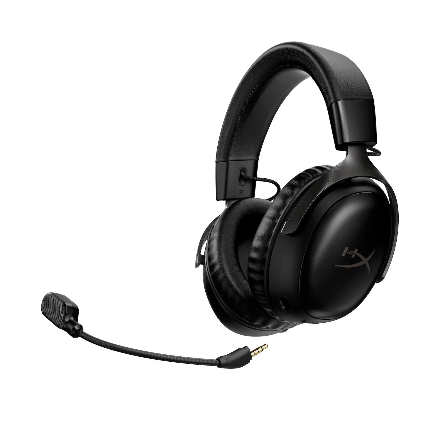 Black gaming headset with microphone on a white background