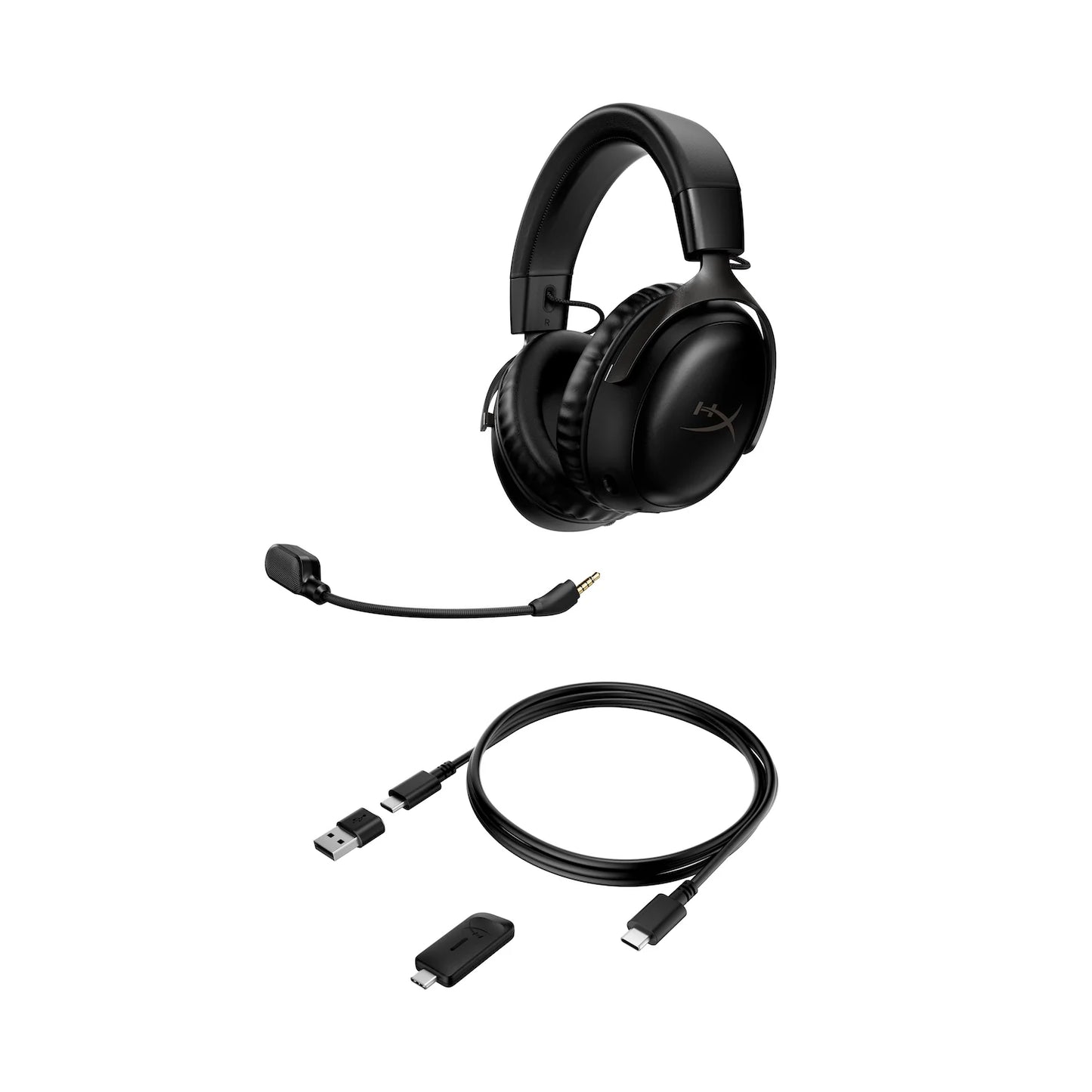 Black gaming headset with microphone and cables on a white background