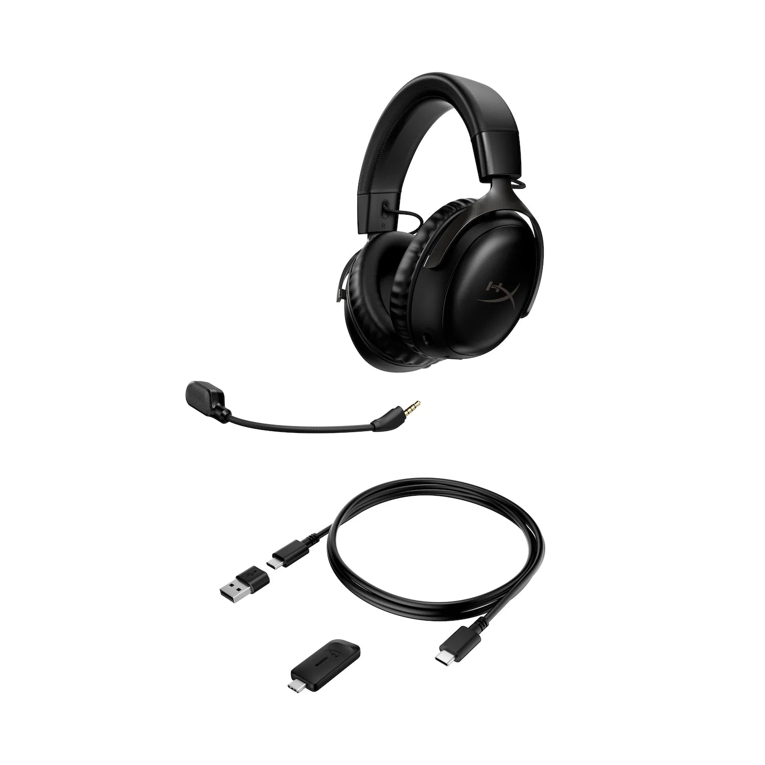 Black gaming headset with microphone and cables on a white background