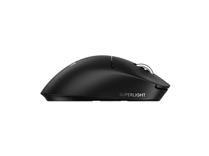 Black computer mouse labeled 'Superlight' on a white background