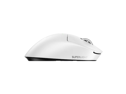 White computer mouse with 'Superlight' branding on a white background